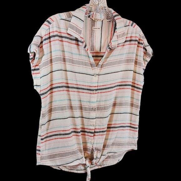 Weatherproof Vintage XS Linen Blend Tie Front Shirt Striped Button Up Pastel Sum - Picture 3 of 7